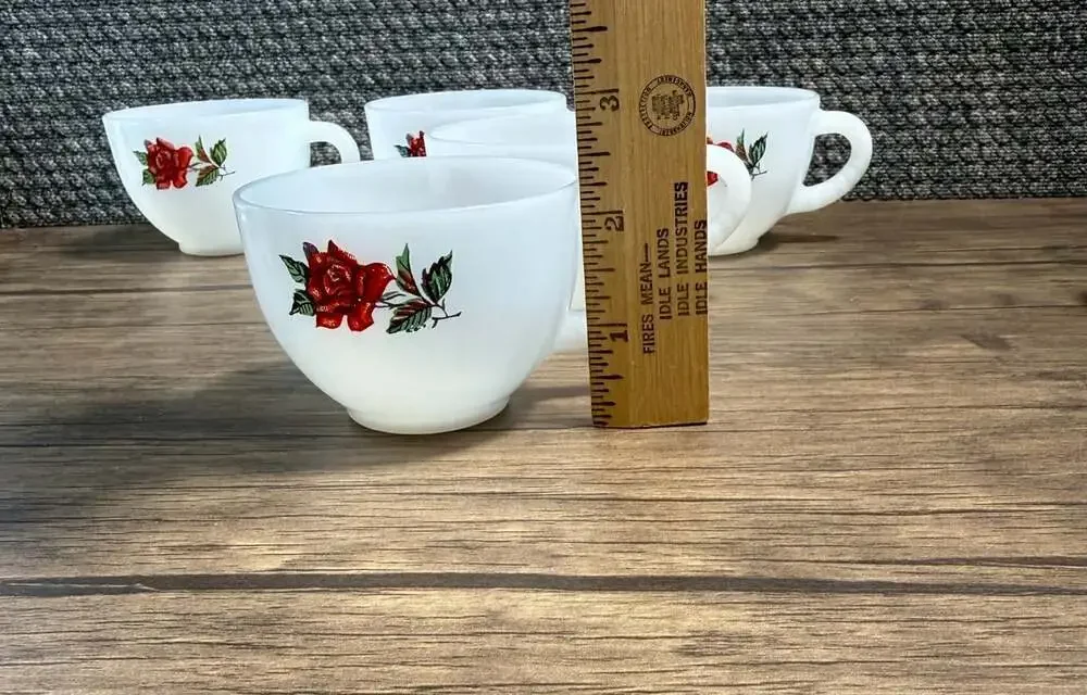 Vintage Rosecrest Federal Milk Glass Cups Red Rose Pattern Set of 5